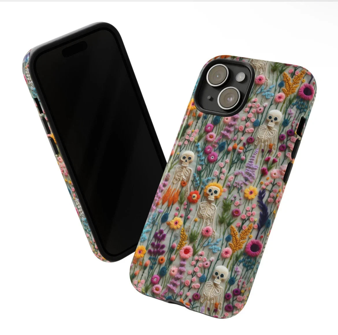 Vintage Skeletons in Bloom Phone Case | Embroidered Look Floral Charm Phone Cover | Halloween Cottagecore