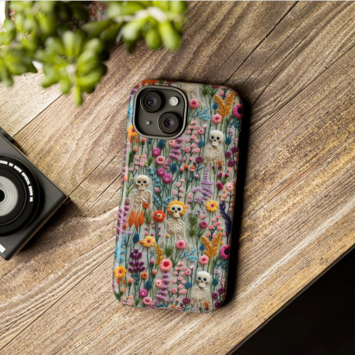 Vintage Skeletons in Bloom Phone Case | Embroidered Look Floral Charm Phone Cover | Halloween Cottagecore