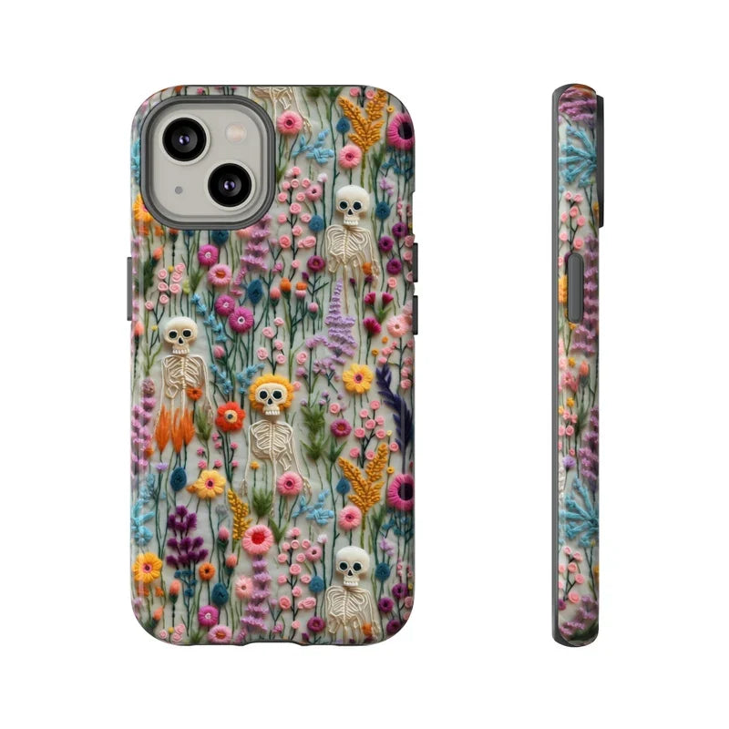 Vintage Skeletons in Bloom Phone Case | Embroidered Look Floral Charm Phone Cover | Halloween Cottagecore