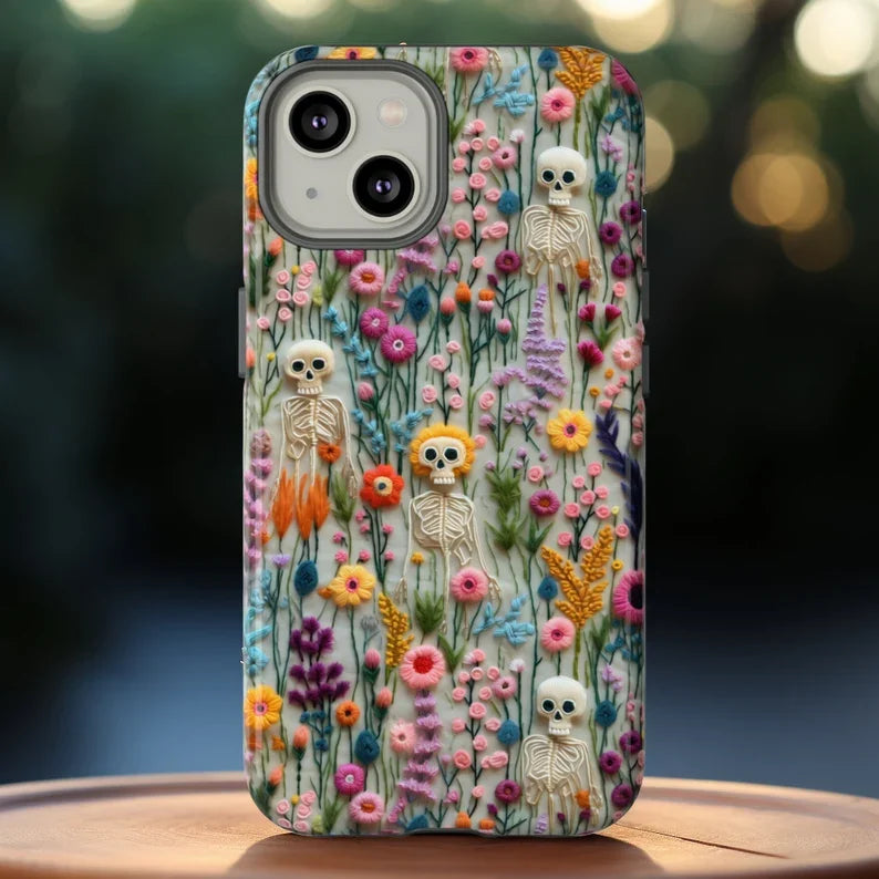 Vintage Skeletons in Bloom Phone Case | Embroidered Look Floral Charm Phone Cover | Halloween Cottagecore