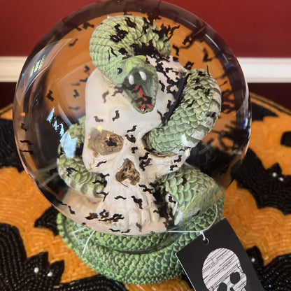 Rare Green Serpent Skull Snow Globe with Bat Accent